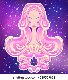 Cute teen girl with closed eyes and long hair. Mix of art nouveau and kawaii gothic style. Hipster, pastel goth, vibrant colors over night sky. Vector illustration. Sticker, patch, poster  design.