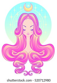 Cute teen girl with closed eyes and long hair. Mix of art nouveau and kawaii gothic style. Hipster, pastel goth, vibrant colors isolated. Vector illustration. Sticker, patch, poster graphic design. 