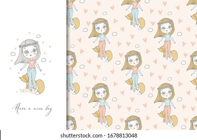 Cute teen girl with fox card and seamless pattern set. Cartoon hand drawn illustration. Textile surface design