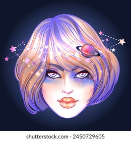 Cute teen girl with galaxy make up, dyed purple hair and stars, constellations. Art nouveau and kawaii gothic inspired. Hipster, vibrant colors. Vector zodiac illustration.