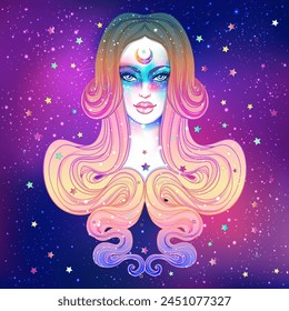 Cute teen girl with galaxy make up, dyed purple hair and stars, constellations. Art nouveau and kawaii gothic inspired. Hipster, vibrant colors. Vector zodiac illustration.