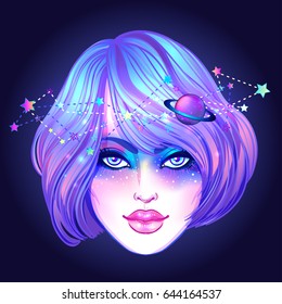 Cute teen girl with galaxy make up, dyed purple hair and stars, constellations. Art nouveau and kawaii gothic inspired. Hipster, pastel goth, vibrant colors. Vector zodiac illustration. 