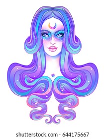 Kleines Mädchen mit Galaxie-Make-up, gefärbtes violettes Haar und Sterne, Sternbilder. Jugendstil und kawaii gotisch inspiriert. Hipster, pastellfarbenes Got, lebhafte Farben. Tierexperimentelle Vektorillustration. 