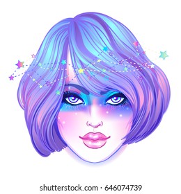 Cute teen girl with galaxy make up, dyed purple hair and stars, constellations. Art nouveau and kawaii gothic inspired. Hipster, pastel goth, vibrant colors. Vector zodiac illustration. 