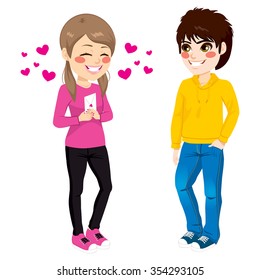 Cute teen girl giving love letter to teenager boy