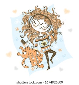 Cute teen girl listening to music with headphones. Vector.