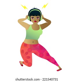 Cute teen girl listening to music with headphones and dancing