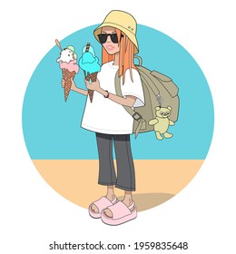 Cute teen girl in street style fashion with big ice crem in waffle cone standing on the see coast background. Cartoon style summer vector illustration.