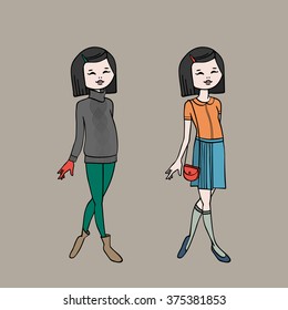 Cute teen girl in two fashion outfits. Body template. Vector illustration