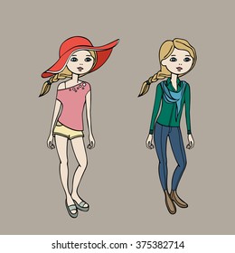 Cute teen girl in two fashion outfits. Body template. Vector illustration