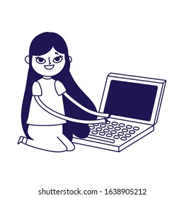cute teen girl typing on laptop computer. social media vector illustration