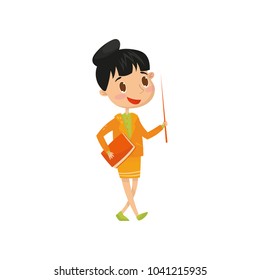 Cute teen girl wants to be school teacher when grow up. Cartoon child character holding book and pointer. Dream of future profession. Career day. Flat vector design