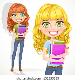 Cute teen girl with wavy hair keeps books