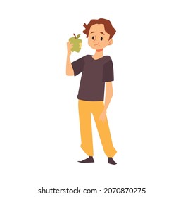 Cute teenage boy eating green apple, flat cartoon vector illustration isolated on white background. Child cartoon character having healthy snack and eating apple.