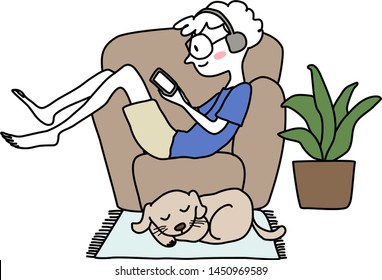 Cute teenage boy with headphones relaxing on sofa, using phone. Happy young man with headphones relaxing on armchair, looking at mobile phone while his dog sleeping nearby on rug. Hand-drawn vector.