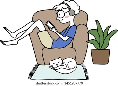 Cute teenage boy with headphones relaxing on sofa, using phone. Happy young man with headphones relaxing on armchair, looking at mobile phone while his cat sleeping nearby on rug. Hand-drawn vector.
