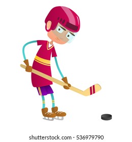 Cute Teenage Boy Hockey Player With Hockey Stick And Puck.