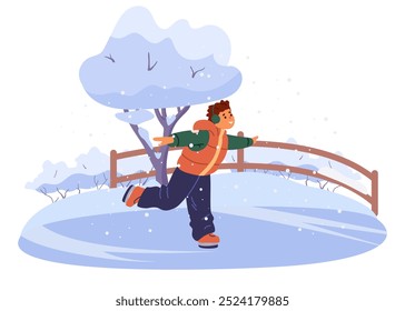 Lindo adolescente en outwear patinaje sobre hielo en la pista de hielo al aire libre Ilustración vectorial plana aislada en blanco.