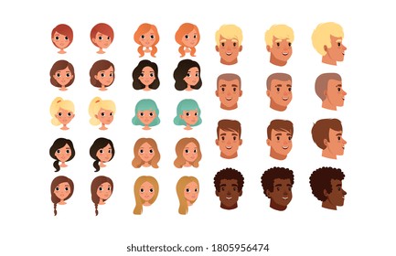 Cute Teenage Boys and Girls Heads Various Views and Haircuts Collection, Teen Children Creation Constructor Cartoon Style Vector Illustration