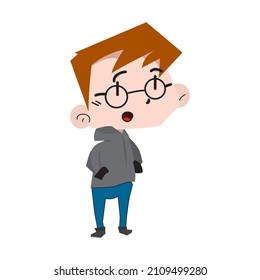 cute teenage character with glasses in a chibi style with a hoodie or sweater while smiling