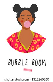 Cute teenage girl with bubble gum. Vector illustration.