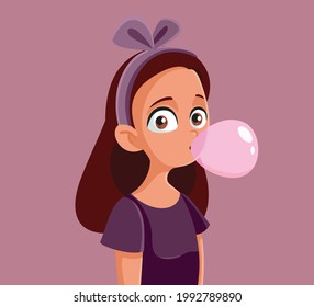 Cute Teenage Girl Chewing Bubble Gum Vector Illustration. Defying rebel teenager popping gum bubbles
