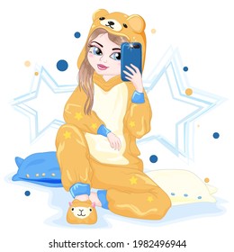 Cute teenage girl dressed as a teddy bear. Fashionable girl takes a selfie. A child in kigurumi pajamas sits on pillows. Cartoon illustration of a funny girl