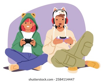 Cute teenage girl friends cartoon characters playing video games using gamepad console together enjoying friendly relationship vector illustration. Pretty teenagers leisure activity in cyberspace