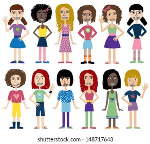 Cute Teenage Girl Kid Cartoon Character Vector Clip Art Multicultural Group of Young Females Isolated