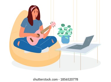 Cute Teenage Girl Sitting In Bean Bag Chair With Lags Crossed Learning To Play Ukulele Online. Young Woman Singing And Playing Ukulele. Flat Vector Illustration.