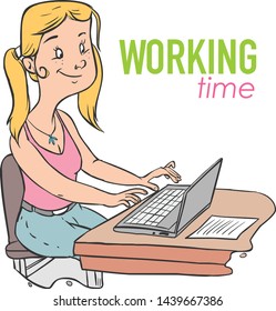 Cute teenage girl sitting at laptop computer and studying hard isolated on white background.