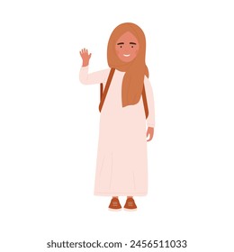 Cute teenage girl standing and waving, Muslim schoolgirl with backpack vector illustration