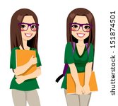 Cute teenage girl student with nerdy style glasses holding an orange folder ready to go back to school