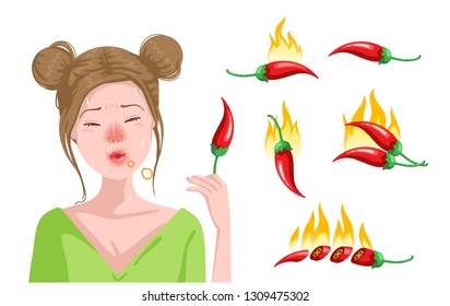 Cute Teenage Girls Are Eating Chili. She Is Feeling Spicy. Hot In The Mouth And Red Face. Sweat On The Skin. Flavors That Are Spicy. Different Icons Of Red Pepper And Hot Flame. Isolated Vector.