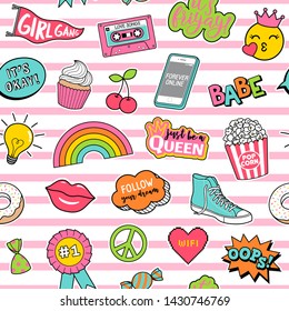 Cute teenage girls fashion patches seamless pattern on stripes background.
