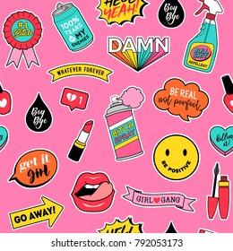 Cute teenage girls fashion patches seamless pattern on pink background