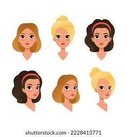 Cute teenage girls heads set. Children characters creation, constructor for animation cartoon vector illustration
