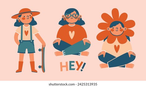 Cute teenage girls, kids, standing with skateboard, sitting with flower on head in different poses. Set of illustrations with various school girls. Kawaii clip arts. World Children's Day. Girl power.