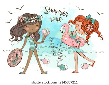 Cute teenage girls relax on the beach, swim and sunbathe. Summer time. Vector.