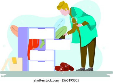 Cute Teenage guy standing in front of hanger rack and trying to choose outfit. Smiling girl in dressing room. Funny female character holding clothes. Cartoon vector illustration in flat style. 