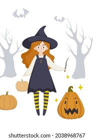 Cute teenage witch casts revive spell on pumpkin. Print for for wall art, apparel, card, textile, fabric, invitation, stationery.