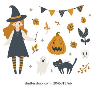 Cute teenage witch halloween party set. Vector doodle collection for design.