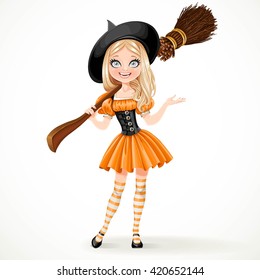 Cute teenage witch in orange dress with a broom on her shoulder isolated on white background