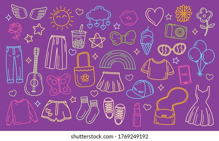 Cute teenage woman stuff graphic vector in doodle style.