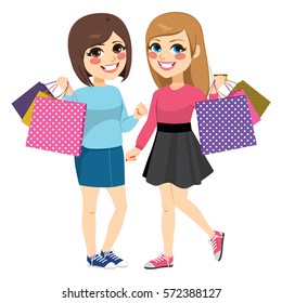Cute teenager best friends shopping standing with big paper bags isolated on white background