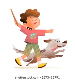 Cute teenager boy or schoolboy walk or train his dog, throw a stick. Kids dog walker young male character. Children and domestic animals illustration. Vector clipart cartoon colored in watercolor.