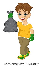 Cute teenager boy in yellow T-shirt and green rubber gloves holding garbage bag