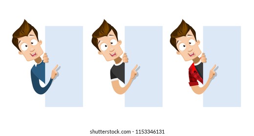 Cute teenager character pointing on blank whiteboard for advertisement. Handsome guy showing blank signboard isolated set. Happy young man with empty copy space for your message vector illustration