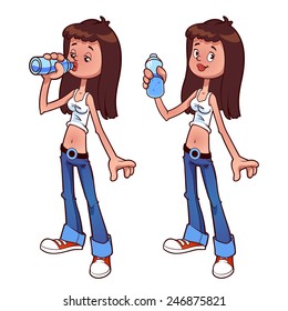 Cute teenager girl drinking water from a plastic bottle. Vector clip-art illustration on a white background.
