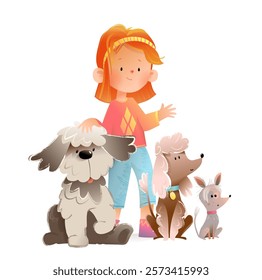 Cute teenager girl or school girl with dogs. Kids dog walker young female character. Children and domestic animals illustration. Vector clipart cartoon colored in watercolor.